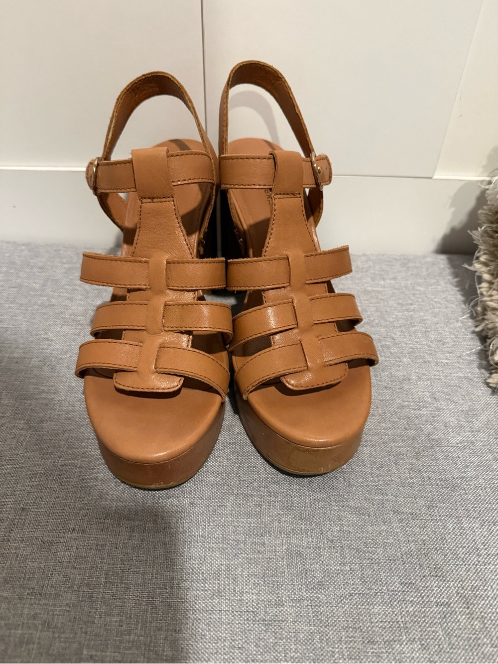 Lucky Brand Cognac Leather Platform Strappy Sandals